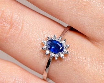 Halo Engagement Ring Blue Sapphire Diamonds 18K White Gold Oval Cut - Classic Bridal Ring Promise - GR00383