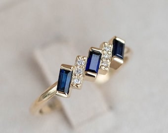 Art Deco Blue Sapphire Diamond Ring 14K Gold Baguette - Anniversary Gift for Women - Kyklos Jewelry GR00248