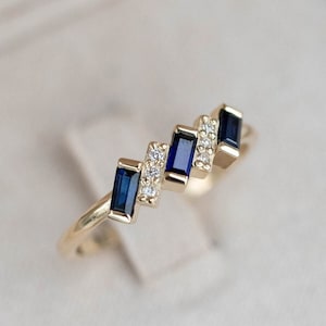 Art Deco Blue Sapphire Diamond Ring 14K Gold Baguette - Anniversary Gift for Women - Kyklos Jewelry GR00248