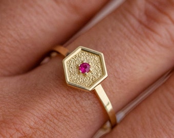 14K Solid Gold Hexagon Ring with Natural Ruby - Honeycomb Geometric Ring for Women - July Birthstone GR00115