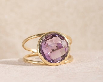 Bague améthyste violette double anneau en or 14 carats - Bague de naissance de février en or massif 14 carats - Kyklos Jewelry GR00011