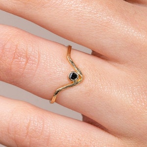 Black Diamond Ring - Chevron V Gold Diamond Wedding Ring - 14K Solid Gold Gift for Her GR00031