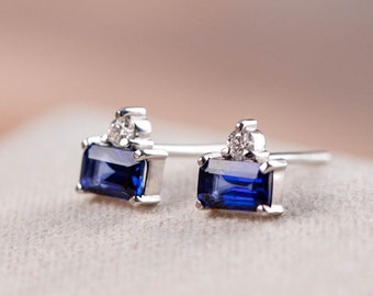 Sapphire Diamond Stud Earrings Octagon Cut 14K White Gold Genuine Tiny Earrings - September Birthstone Birthday Gift for Her GE00024