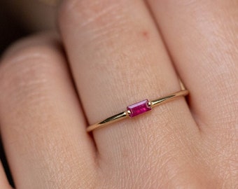 Dainty 14K Gold Ruby Ring – Minimalist Baguette Gemstone GR00408-002