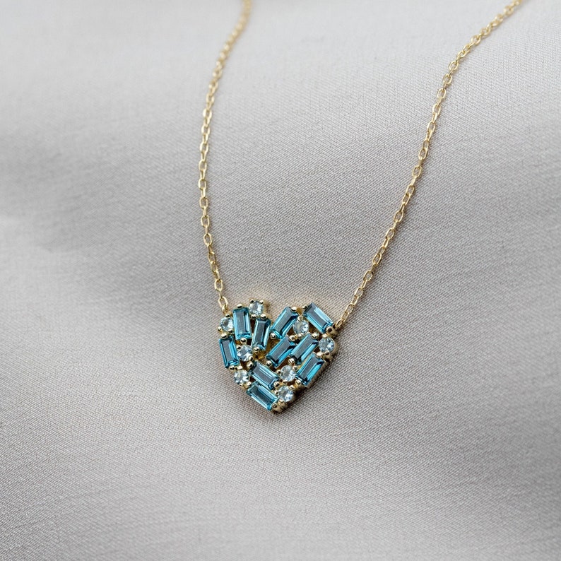 Blue Heart Necklace 14K Gold for Women London Blue Topaz Baguette and Aquamarine Natural Gemstones Gift for Her GN00167 image 4