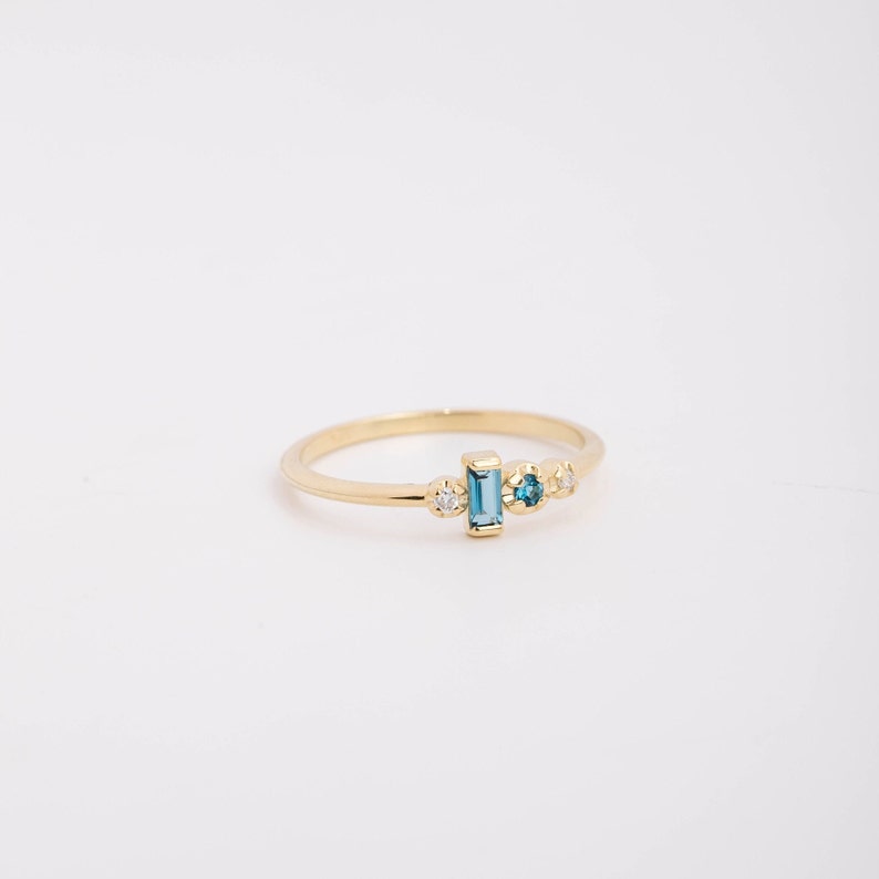 London Blue Topaz Ring 14K Gold Diamond Baguette Cut Stacking Cluster Ring for Women GR00264 image 6
