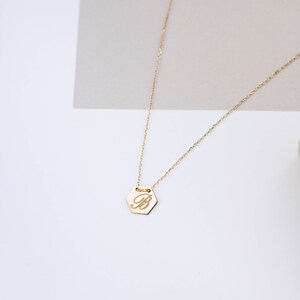 14K Solid Gold Initial Necklace Personalized Silver Custom Monogram Letter Dainty Disc Hexagon Simple Birthday Gift GN00030 image 8