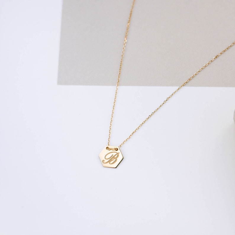 14K Solid Gold Initial Necklace Personalized Silver Custom Monogram Letter Dainty Disc Hexagon Simple Birthday Gift GN00030 image 8