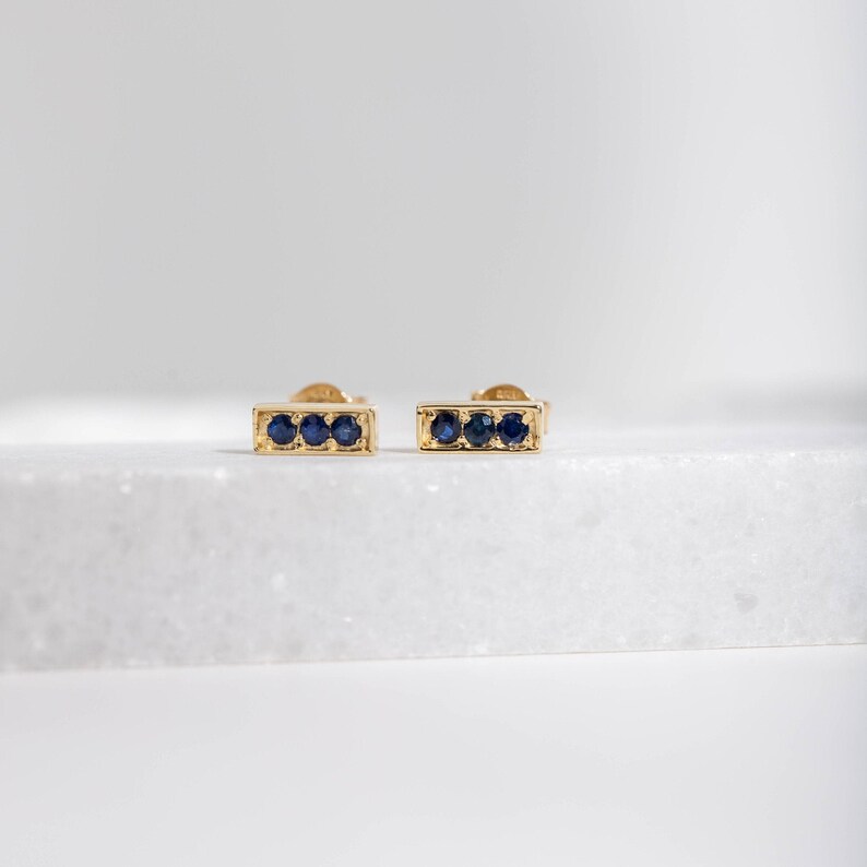 Blue Sapphire Stud Earrings 14K Gold 3 Stone Studs Solid Gold Bar September Birthstone Birthday Gift for Her GE00072-001 image 5