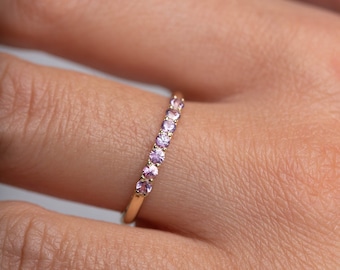 Pink Sapphire Ring 14K Gold - Natural Pave Half Eternity Band Ring - Anniversary Gift for Her - GR00200001