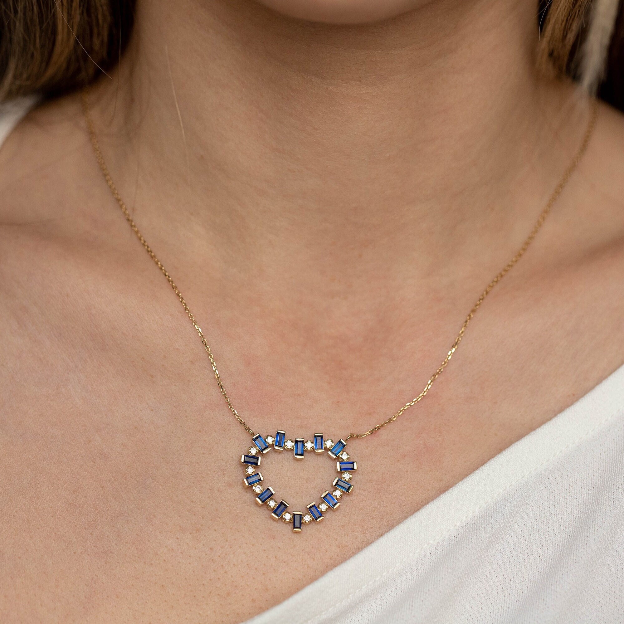 Blue Sapphire Heart Necklace 14K Solid Gold Baguette Diamond - Art Deco Necklace by Kyklos Jewelry - GN00025