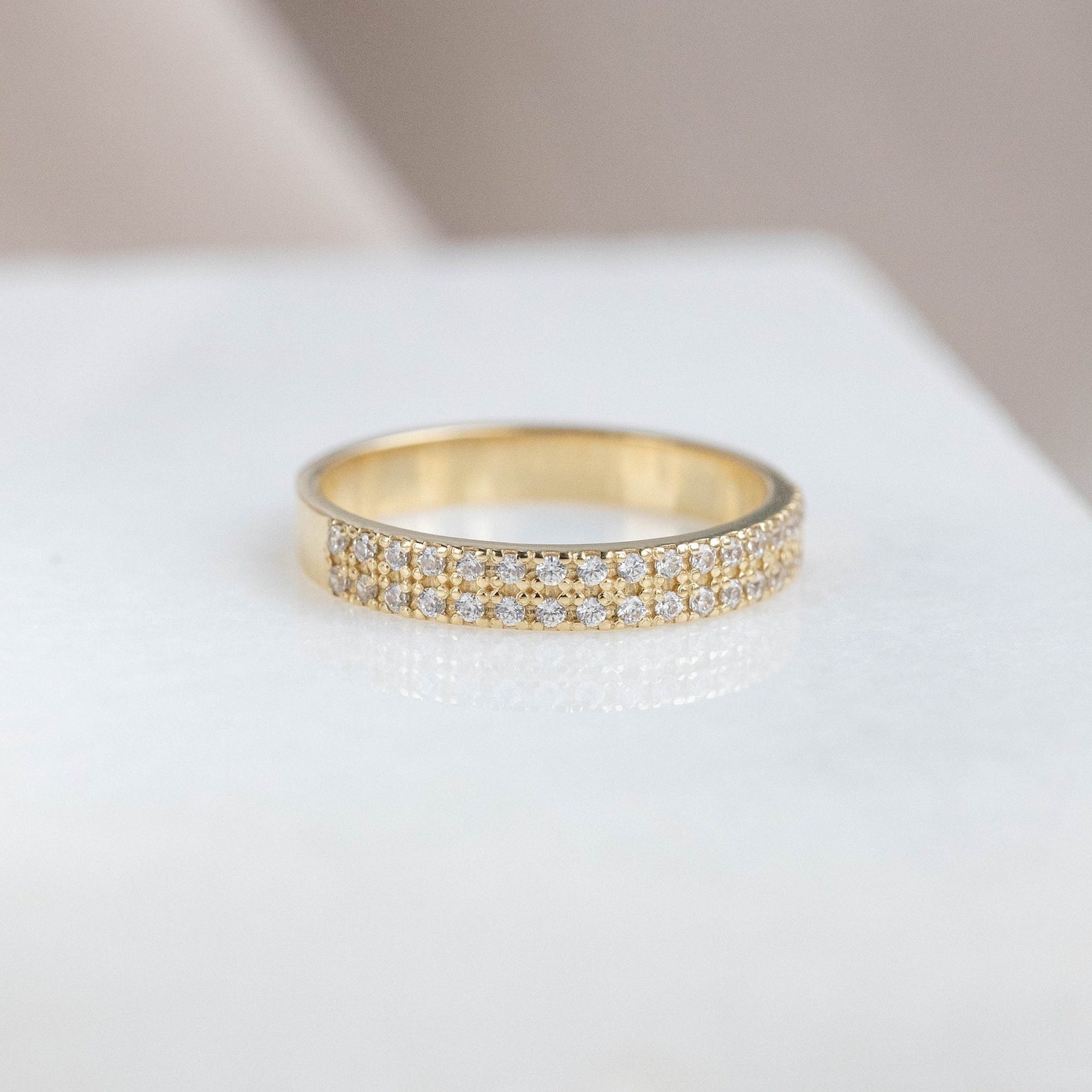 14K Gold Double Row Diamond Wedding Band - Half Eternity Anniversary ...