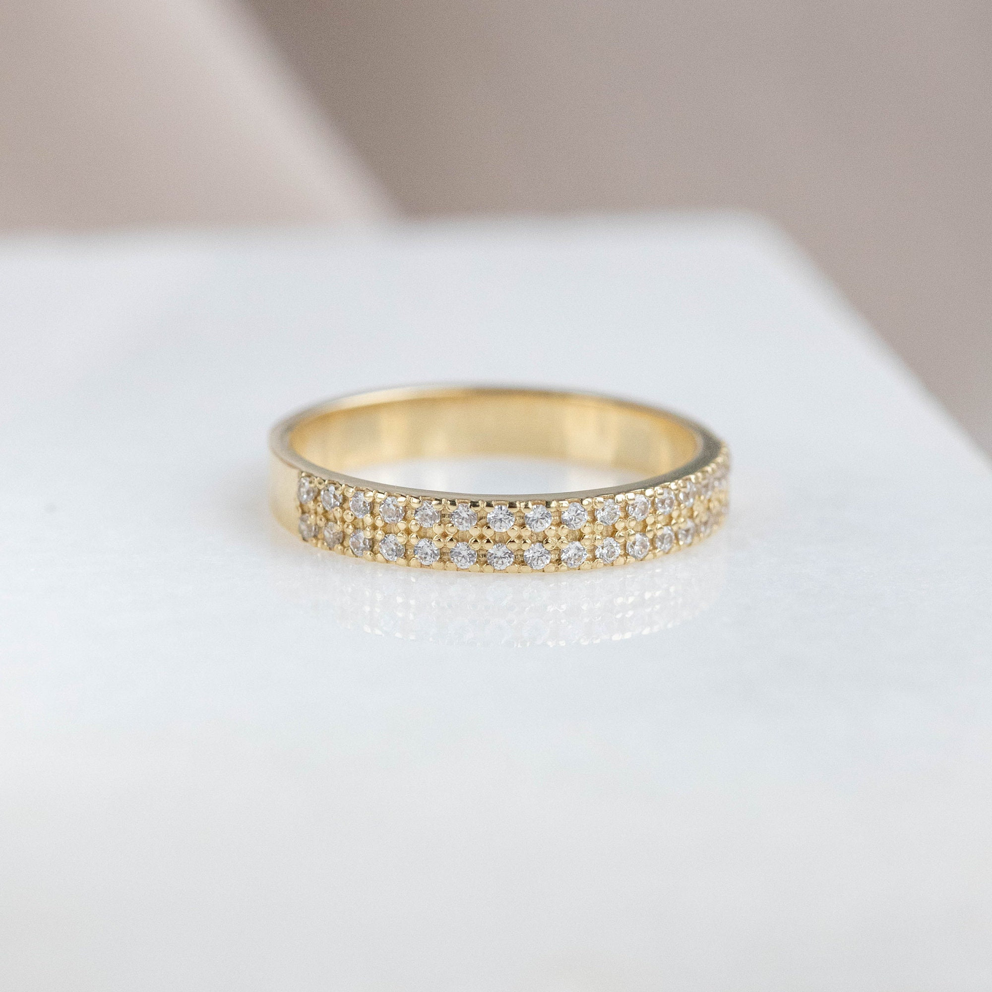 14K Gold Double Row Diamond Wedding Band - Half Eternity Anniversary ...