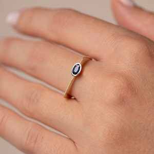 Art Deco Blue Sapphire Ring 14K Gold Thin Flat Top Geometric Ring for Women Oval Sapphire GR00446 image 6