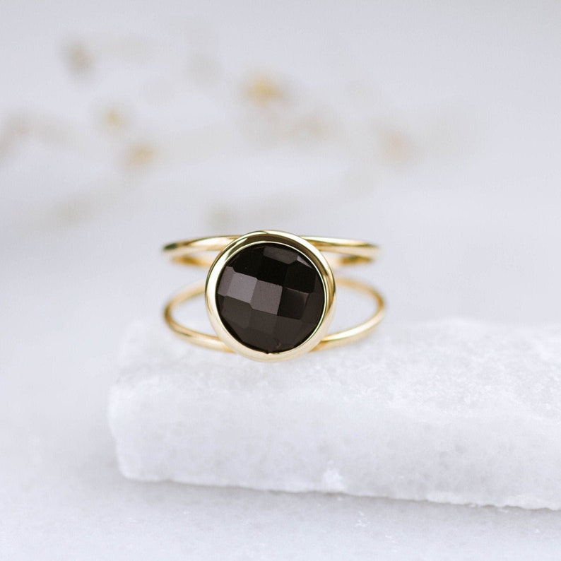 Statement ring for women with natural black onyx gemstone briolette cut and 14K solid yellow gold