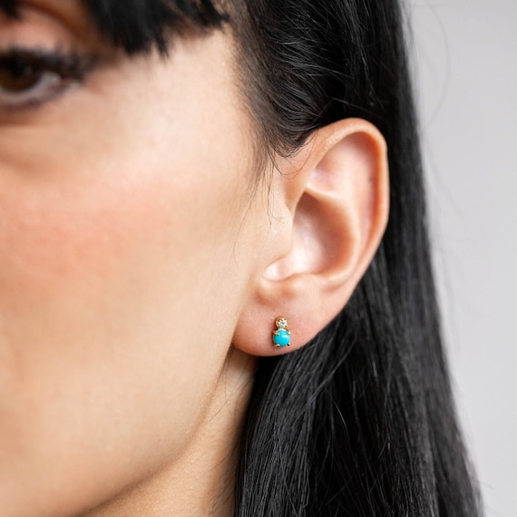 Turquoise Diamond Stud Earrings 14K Solid Gold Minimalist Studs