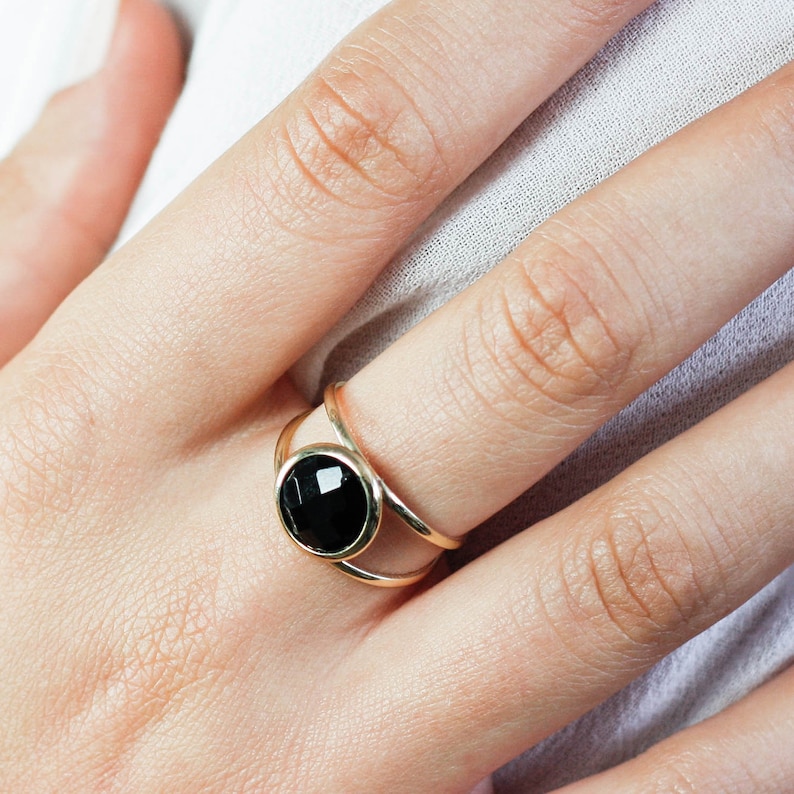 Black Onyx Ring 14K Solid Gold for Women Statement Double Gold Etsy