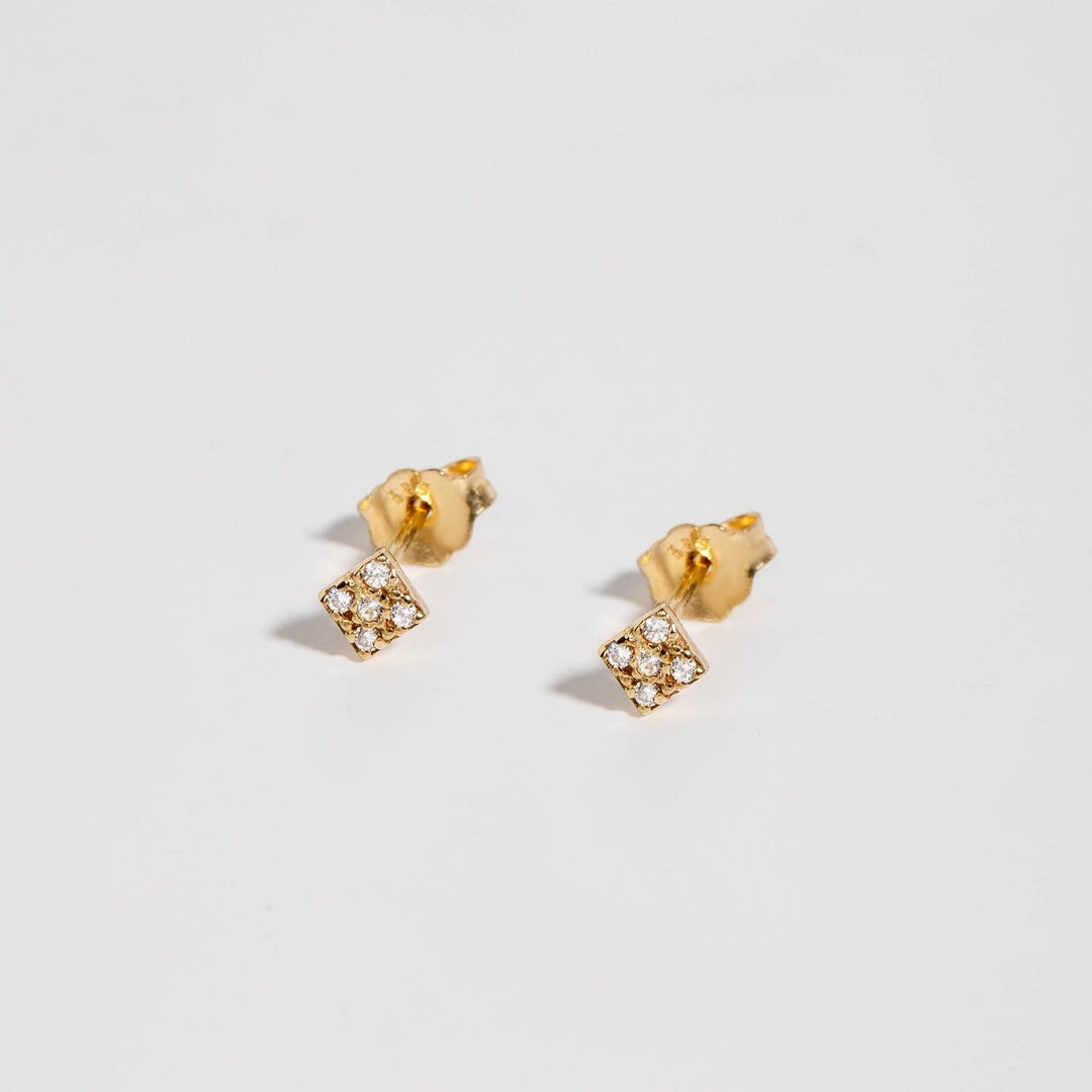 14K Gold Diamond Earrings Square Dainty Tiny Diamond Studs - Etsy