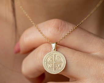 14K Solid Gold Constantine Coin Necklace - Byzantine Cross Pendant - Gift for Her GN00184