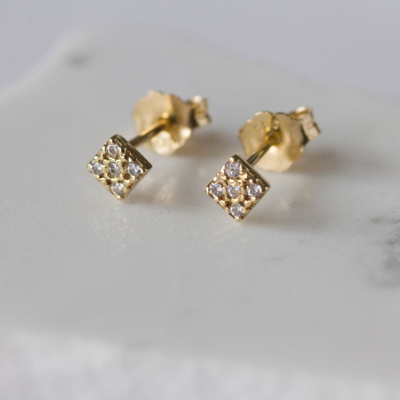 14K Gold Diamond Earrings Square Dainty Tiny Diamond Studs - Etsy