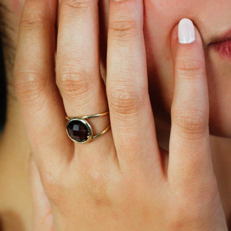 Christmas Gift for Her GR0232 Smoky Quartz Ring 14K Gold Ring Double Gold Gemstone Ring