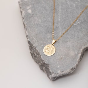 14K Solid Gold Christian Coin Necklace Constantine Religious Protection Charm Pendant Baptism Gift GN00185 image 3