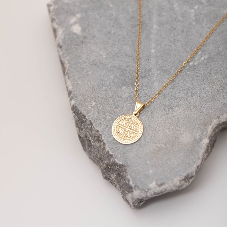 14K Solid Gold Christian Coin Necklace Constantine Religious Protection Charm Pendant Baptism Gift GN00185 image 3