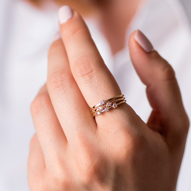 Dainty Diamond Wedding Band Stacking 14K Gold 3 Diamond Ring Etsy UK