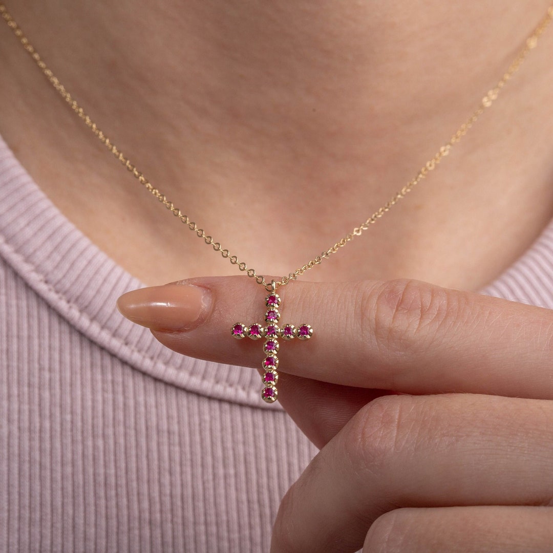 Ruby Cross Pendant Necklace 14K Solid Gold for Women Genuine Natural