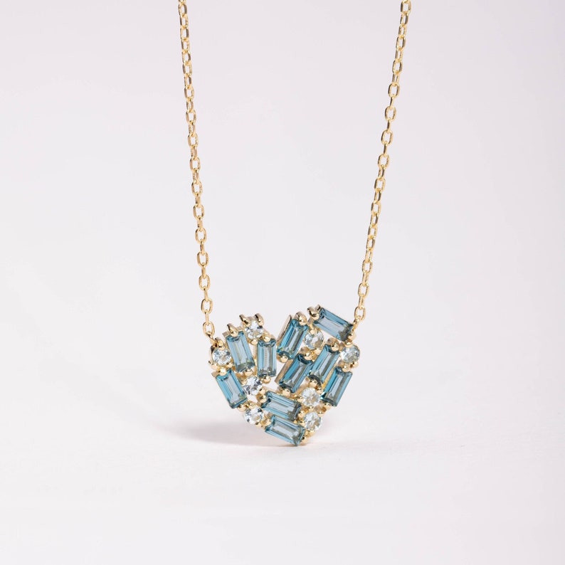 Blue Heart Necklace 14K Gold for Women London Blue Topaz Baguette and Aquamarine Natural Gemstones Gift for Her GN00167 image 2