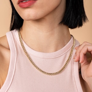 Collier gourmette en or massif 14 carats 5 mm - Chaîne à maillons cubaine unisexe pour homme et femme - Cadeau pour elle GN00152