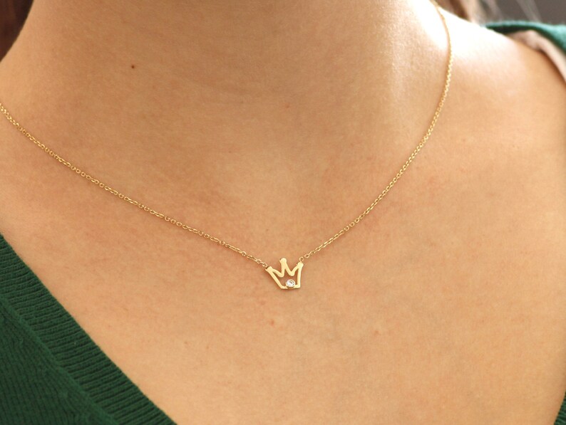 Dainty Diamond Gold Necklace Delicate Bridesmaid Necklace GN0329 14K Gold Necklace Gold Crown Necklace