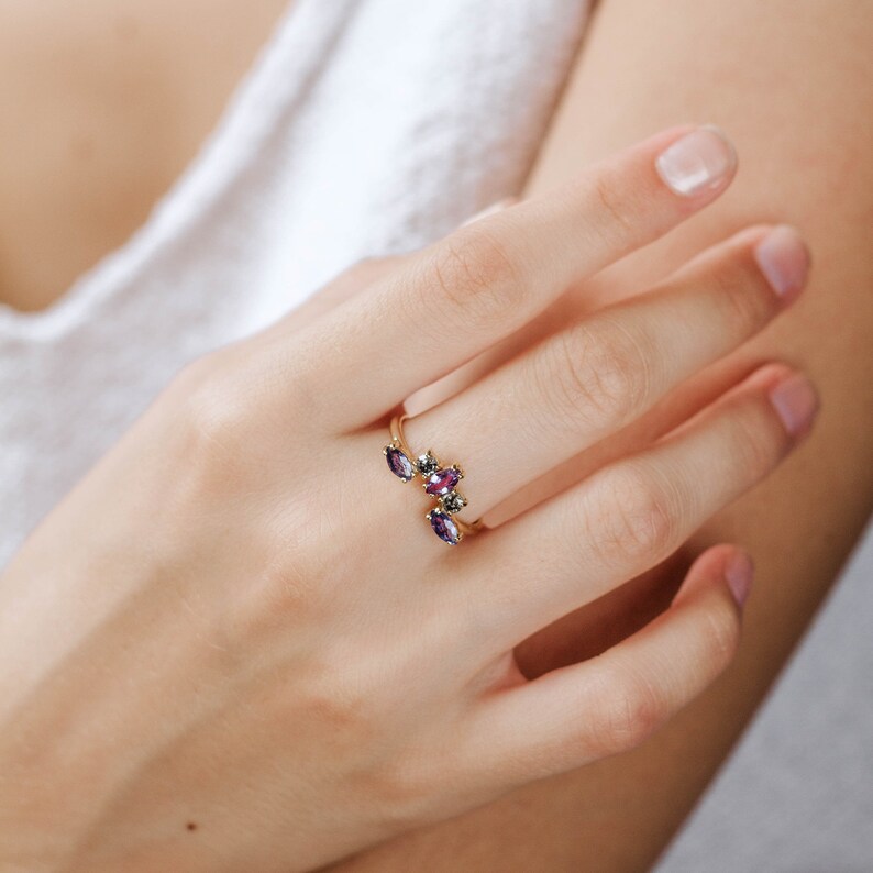 Alternative Wedding Band Purple Sapphire Gray Diamond Ring, Engagement Ring Set, Stacking Gold Ring, GR00126 image 2