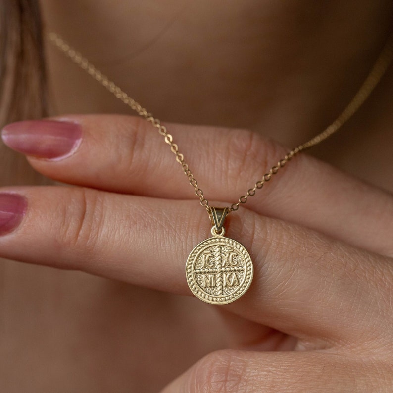 14K Solid Gold Christian Coin Necklace Constantine Religious Protection Charm Pendant Baptism Gift GN00185 image 1