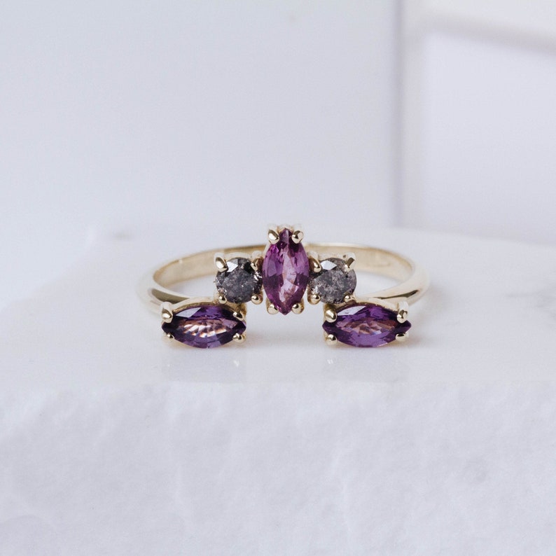 Alternative Wedding Band Purple Sapphire Gray Diamond Ring, Engagement Ring Set, Stacking Gold Ring, GR00126 image 1