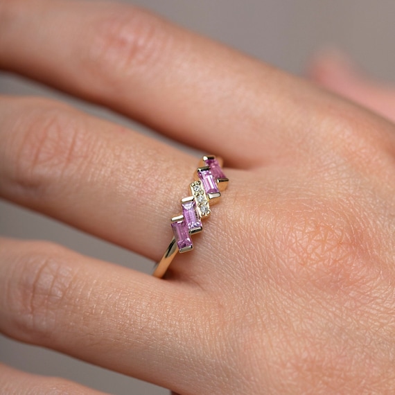 Pink Sapphire Ring 14K Gold Baguette Diamonds Art Deco Ring for Women Kyklos Jewelry GR00266 Etsy