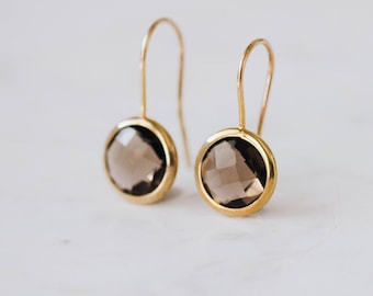 14K Solid Gold Earrings Smoky Quartz Gemstone Brown Natural Stone Gift for Her  GE00001-004