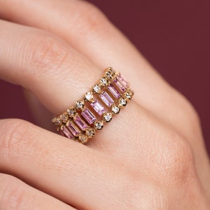 Pink Sapphire Baguette Eternity Ring: 14K Gold Art Deco Wedding Band