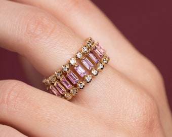 Pink Sapphire Baguette Ring Eternity 14K Gold - Wedding Band for Women Sapphire and Diamonds Statement Art Deco - GR00409