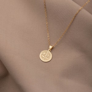 14K Solid Gold Christian Coin Necklace Constantine Religious Protection Charm Pendant Baptism Gift GN00185 image 4