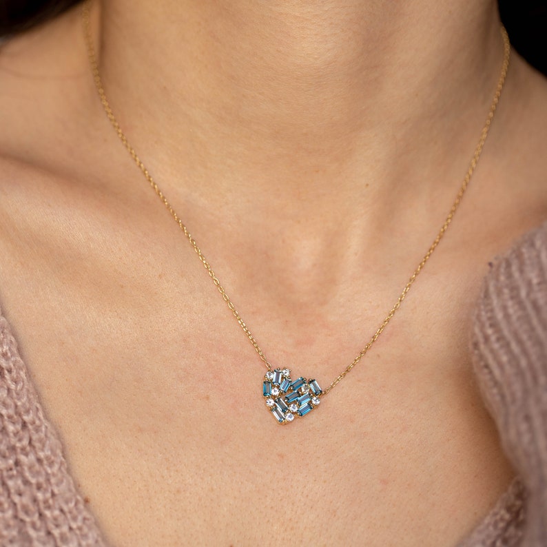 Blue Heart Necklace 14K Gold for Women London Blue Topaz Baguette and Aquamarine Natural Gemstones Gift for Her GN00167 image 6