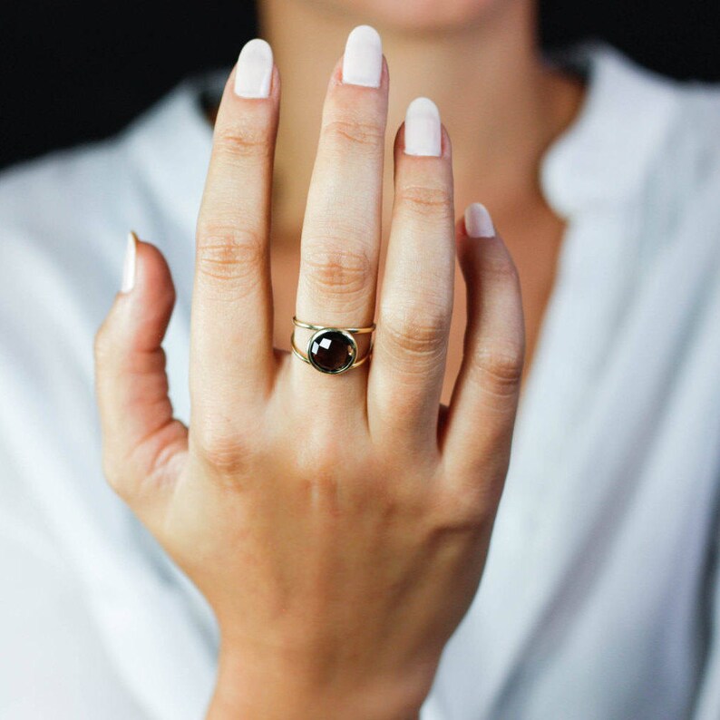 Christmas Gift for Her GR0232 Smoky Quartz Ring 14K Gold Ring Double Gold Gemstone Ring