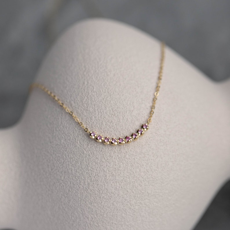 Pink Sapphire Necklace 14K Yellow Gold, Natural Gemstones Bar Necklace Layering for Women GN00001-002 image 3