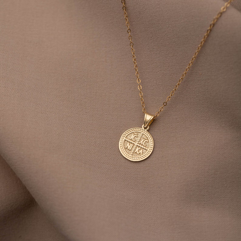 14K Solid Gold Christian Coin Necklace Constantine Religious Protection Charm Pendant Baptism Gift GN00185 image 5