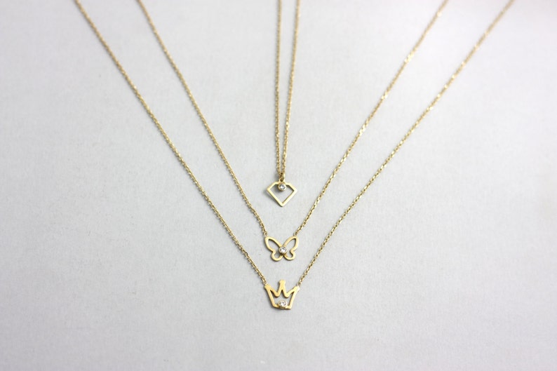 Dainty Diamond Gold Necklace Delicate Bridesmaid Necklace GN0329 14K Gold Necklace Gold Crown Necklace