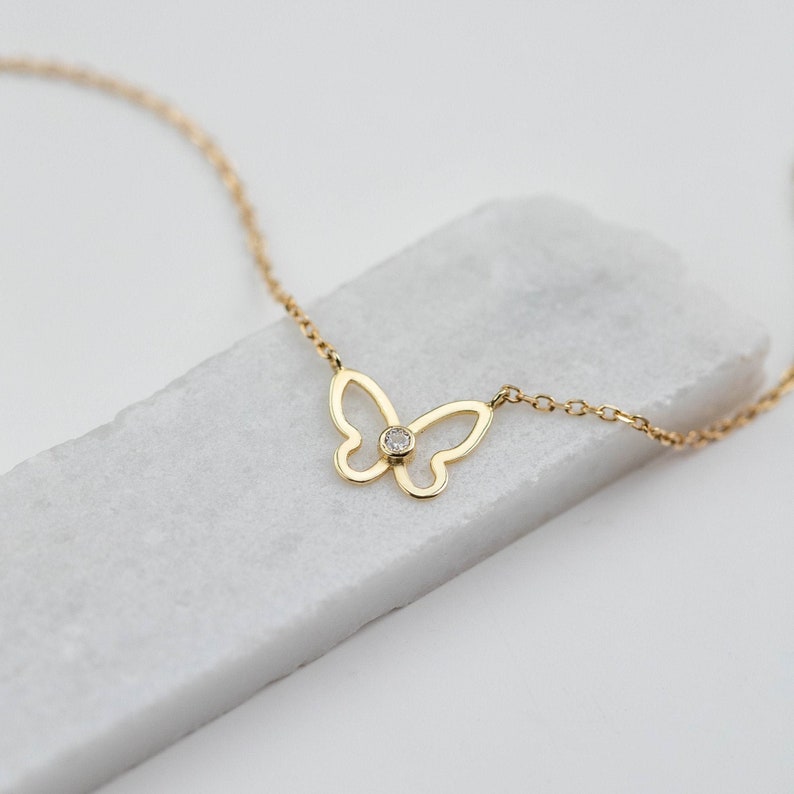 14K Gold Necklace Butterfly Gift For Girls Solid Gold Chain Layered Dainty Diamond Necklace for Women Birthday Gift GN00008 image 1