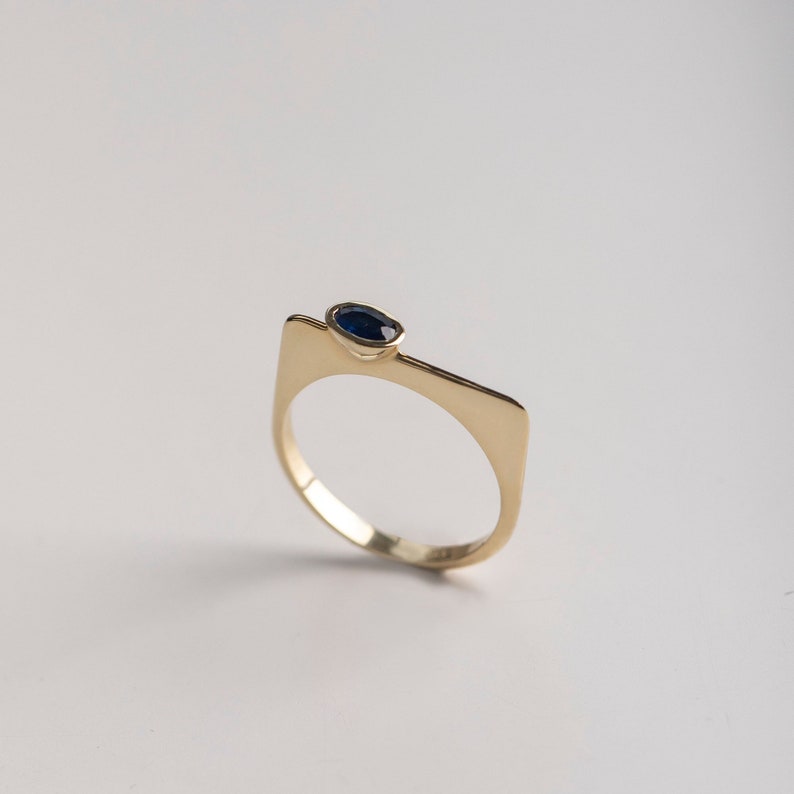 Art Deco Blue Sapphire Ring 14K Gold Thin Flat Top Geometric Ring for Women Oval Sapphire GR00446 image 1