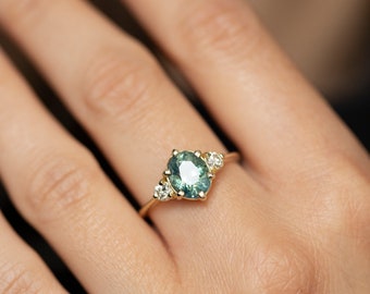 ティールサファイアの婚約指輪：14Kゴールドダイヤモンド結婚指輪
