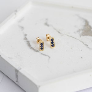 Blue Sapphire Stud Earrings 14K Gold 3 Stone Studs Solid Gold Bar September Birthstone Birthday Gift for Her GE00072-001 image 6