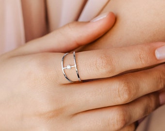 Double Bague Or 14 Carats Avec Diamants - Taille 52, En Parfait état, Occasion